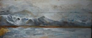 Textured abstract mountain landscape painting with snowy peaks and muted blue and gray tones.