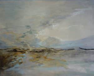 Atmospheric abstract landscape in cool blue tones with soft textures and a misty feel.