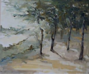 Abstract coastal landscape with trees, expressive brushwork, and earthy natural tones.