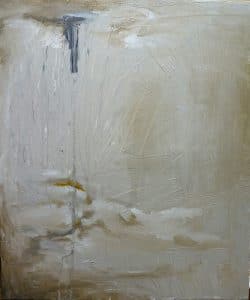 Minimal abstract painting in warm neutral beige tones with tactile texture and a subtle vertical mark.