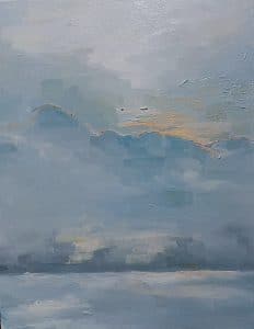 Misty abstract landscape in blue tones with soft textures and a calm atmosphere.