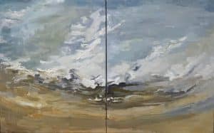 Diptych abstract seascape with dramatic clouds, a low horizon, and earthy tones on canvas.