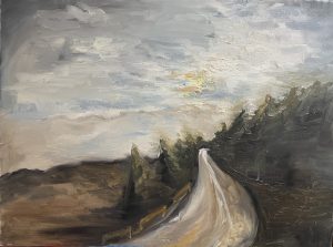 Oil painting landscape of a winding road through a dark forest under a cloudy sky with soft light breaking through the clouds.